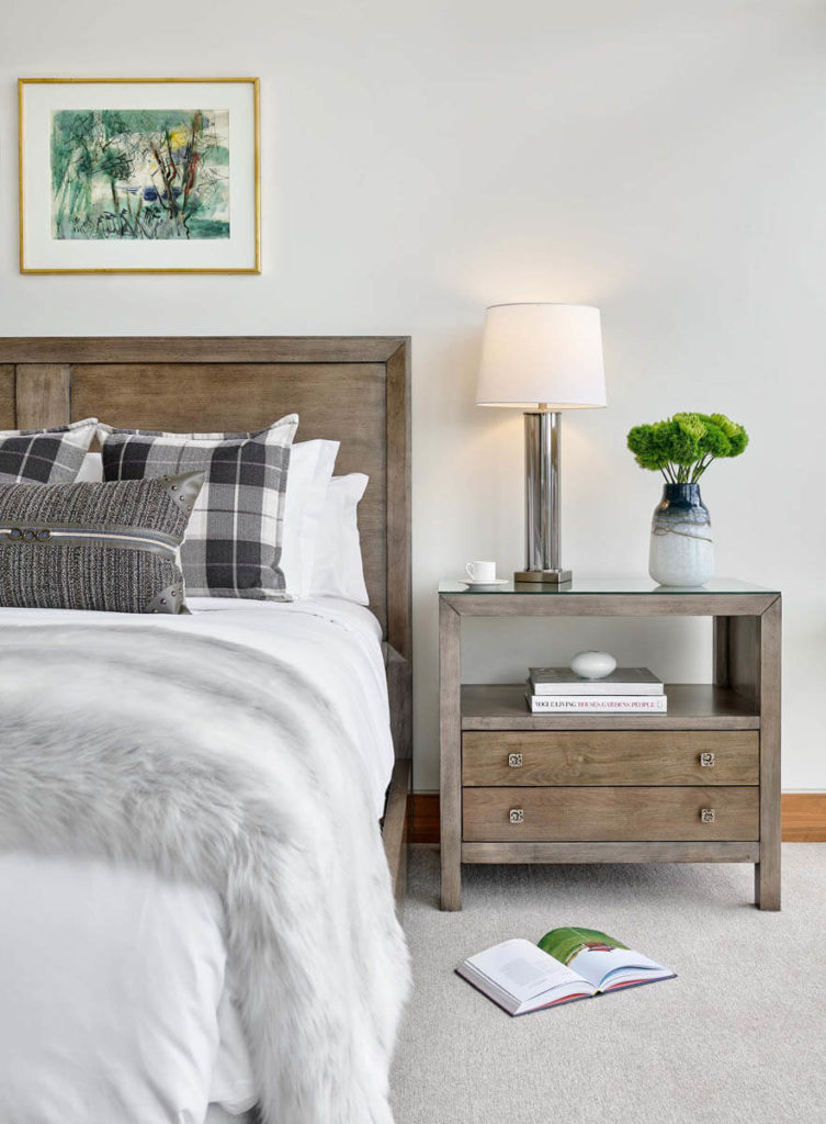 Lift One Luxe bedroom and bedside table - Interior Design by Cathers Home